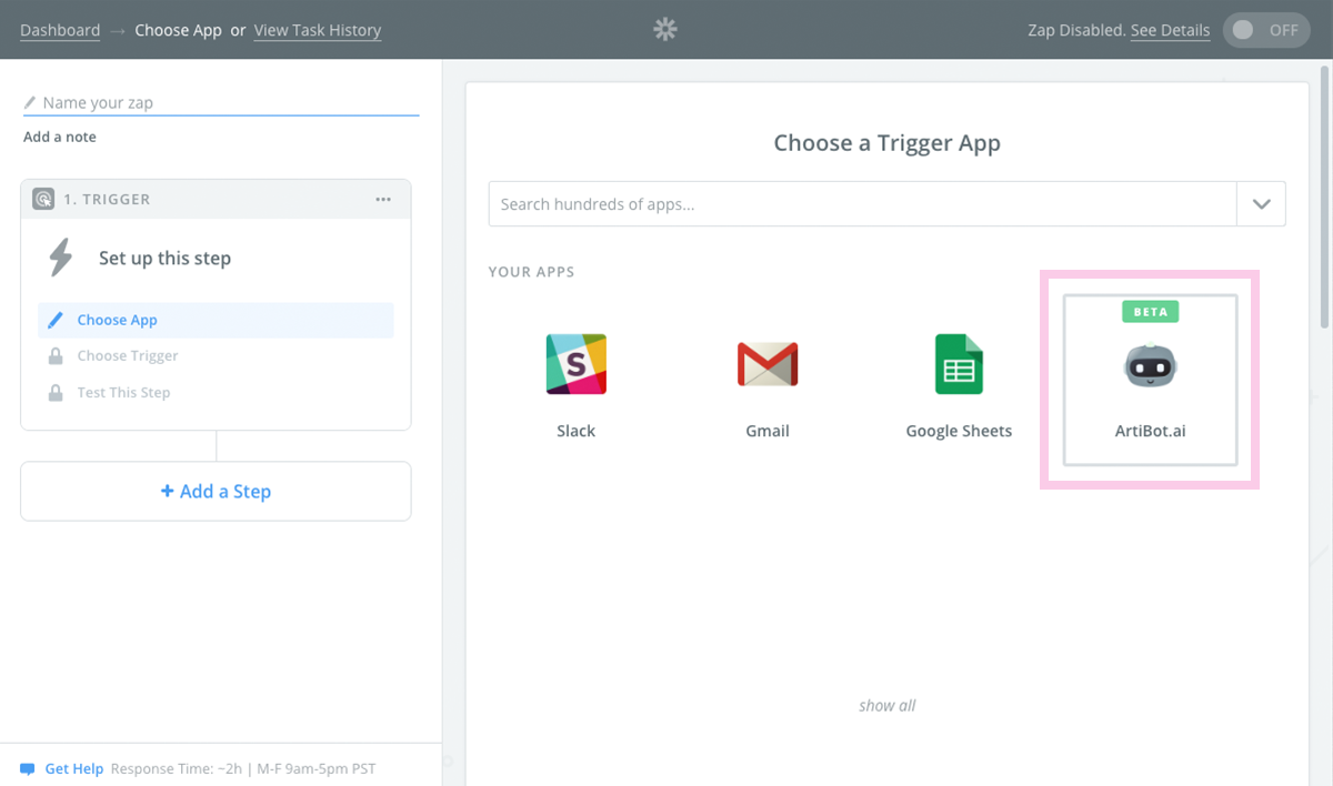 Select ArtiBot in Zapier